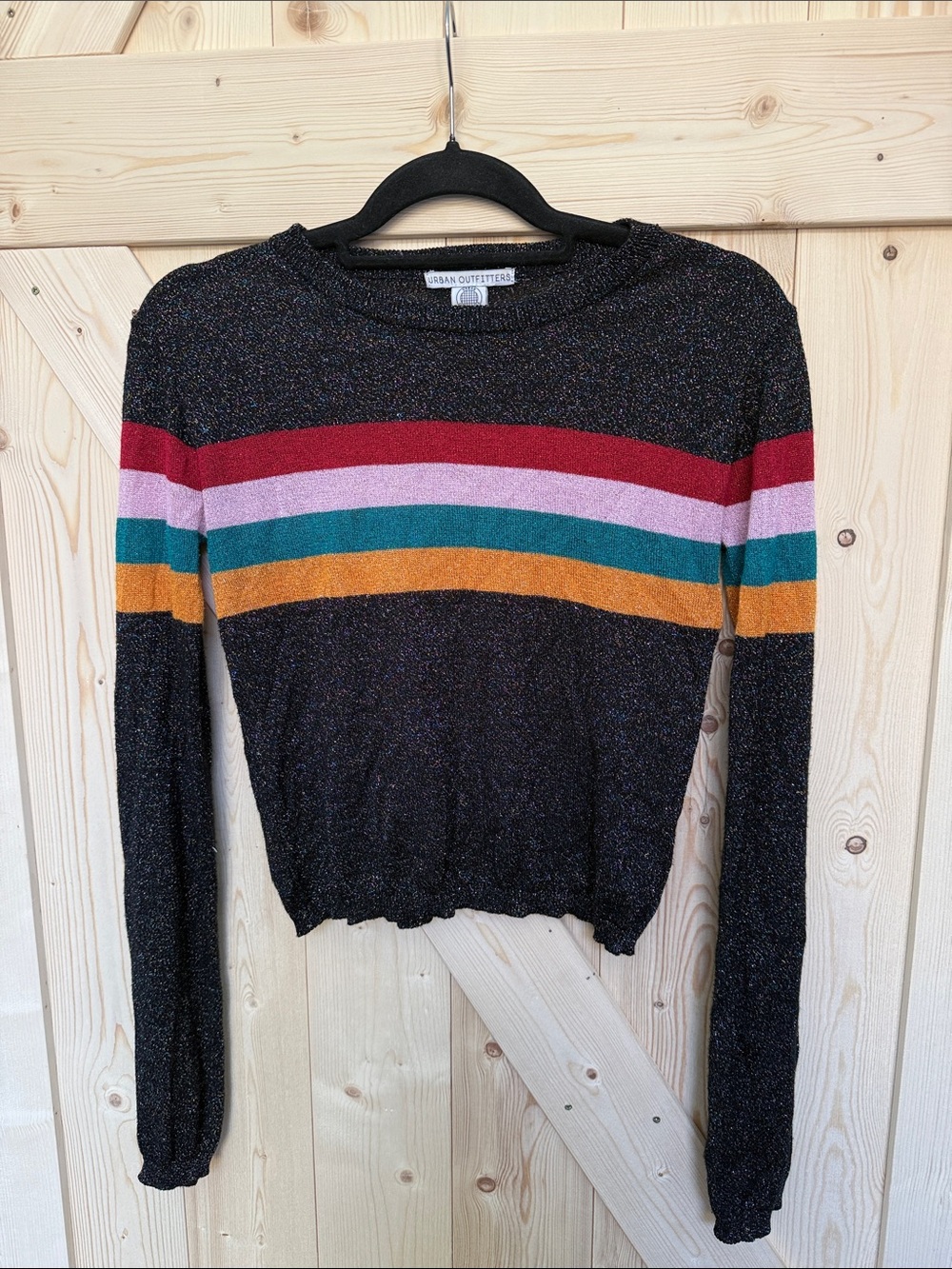 Urban Outfitters Black Sparkle Crewneck with Red, Pink, Teal & Mustard Stripes